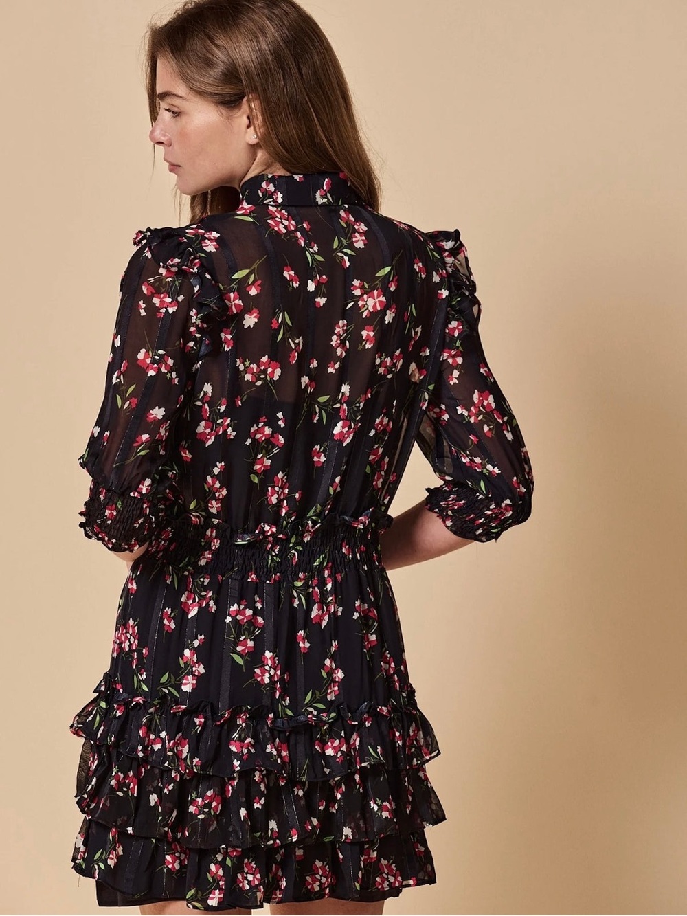 The Shirt Floral Ruffle Tiered Mini Dress - Black with Pink Blossoms
